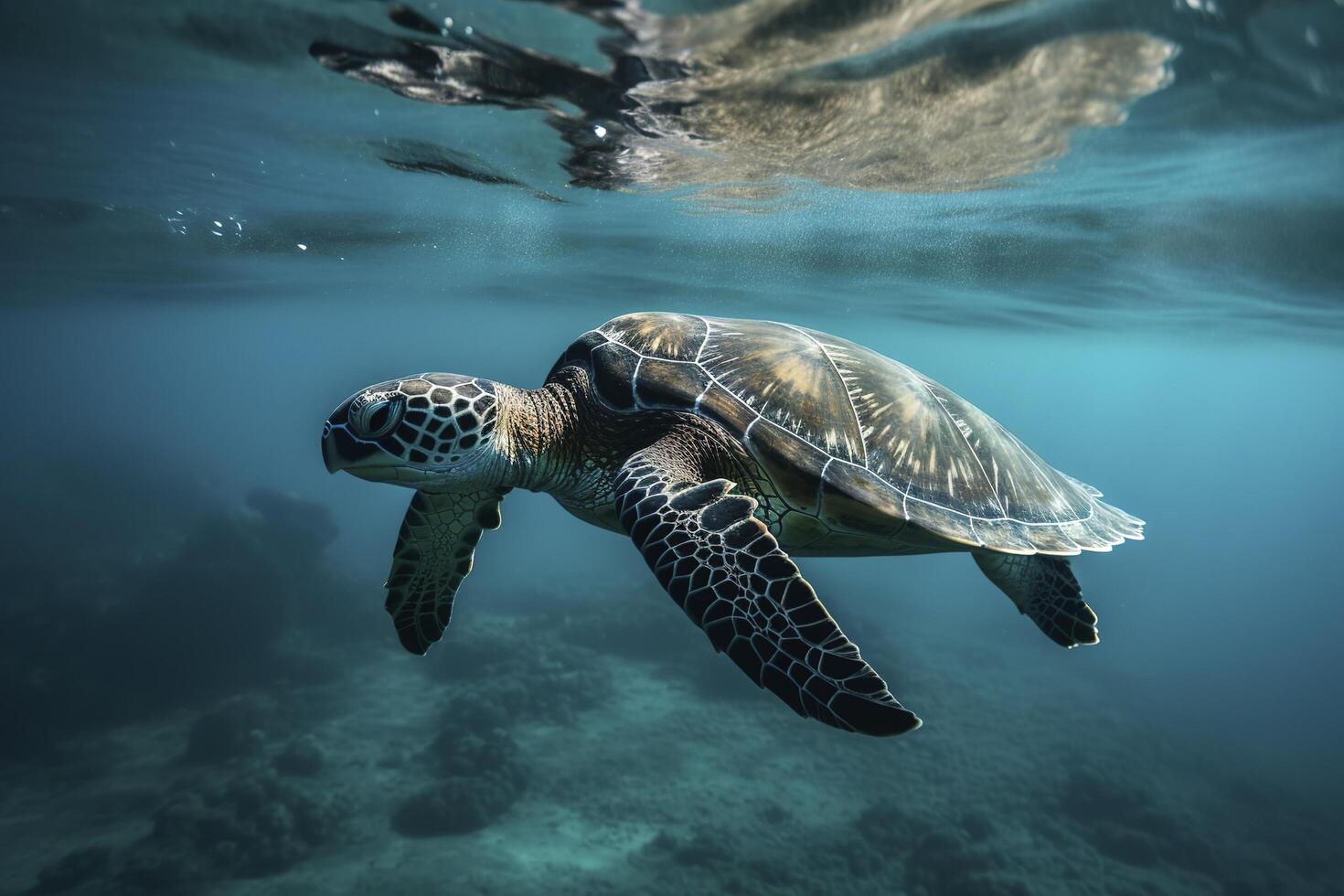 ai ilustración de un Tortuga atrapado con pescar neto. el concepto de ambiental proteccion. mar, Oceano Tortuga necesitar a ser liberado desde pescar redes No a muerto tortugas generativo ai foto