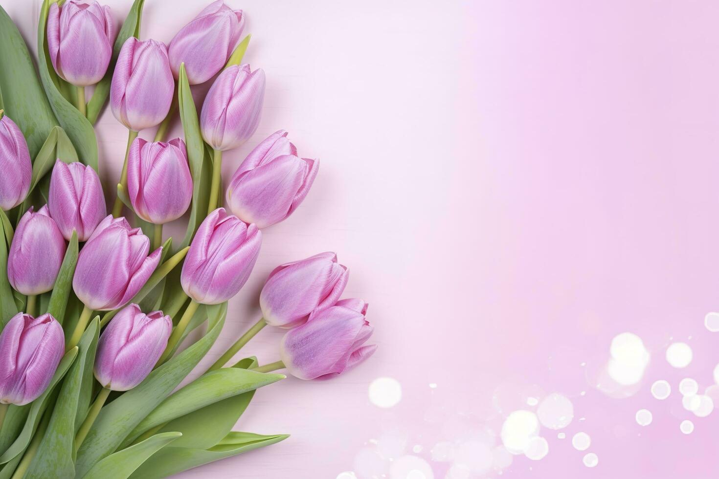 Wooden pink background with fresh spring tulips and empty copy space heart shape decoration made of wood , generate ai photo