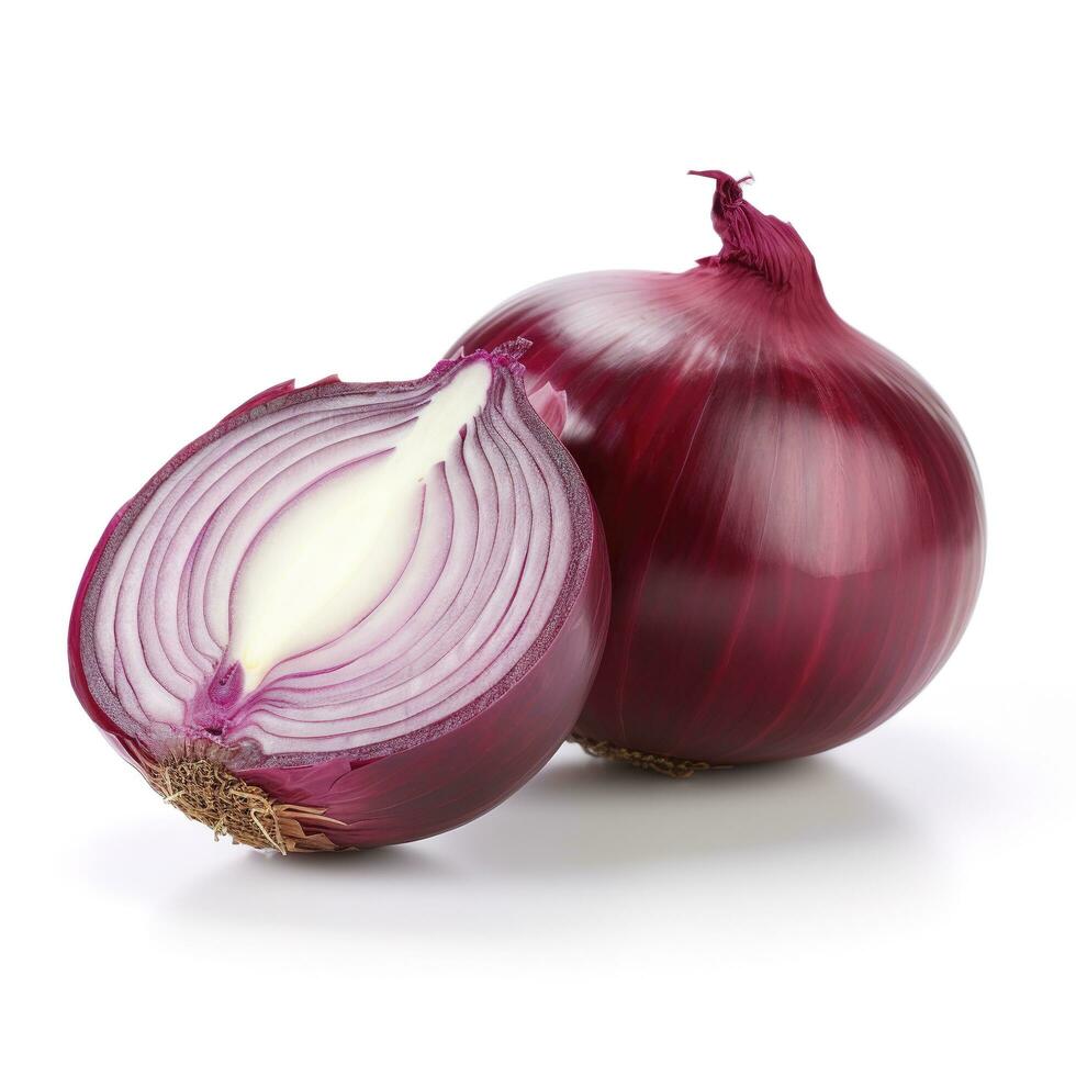 Red onion with cut in half isolated on white background, generate ai photo