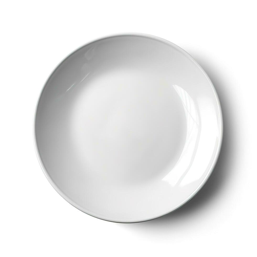 vacío cerámico redondo plato aislado en blanco antecedentes. ver desde arriba, generar ai foto