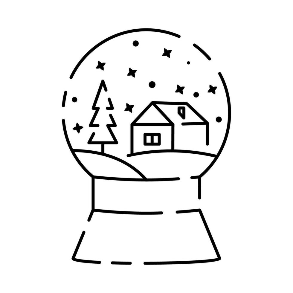 One line crystal snow globe with xmas theme. Christmas or new year snow globe icon. Glass ball for winter xmas holiday concept in simple linear style. Snowflake and house with tree. vector