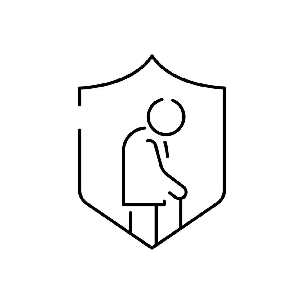 Retirement insurance. Elderly vector line design single isolated icon. Old man and Shield. Save and protect.