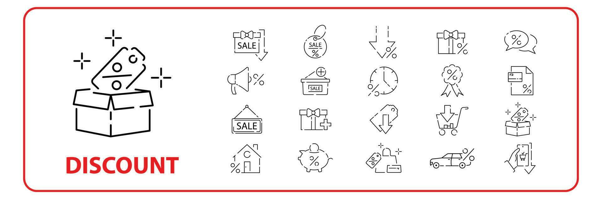 Simple Set of Shopping Features Related Vector Line Icons. Contains such Icons as New, Sale, Discount and more. Editable Stroke set.