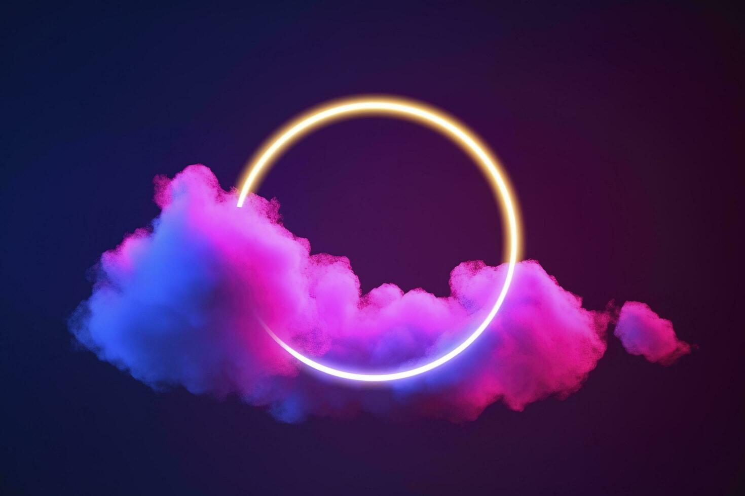 3d render, abstract cloud illuminated with neon light ring on dark night sky. Glowing geometric shape, round frame, generate ai photo
