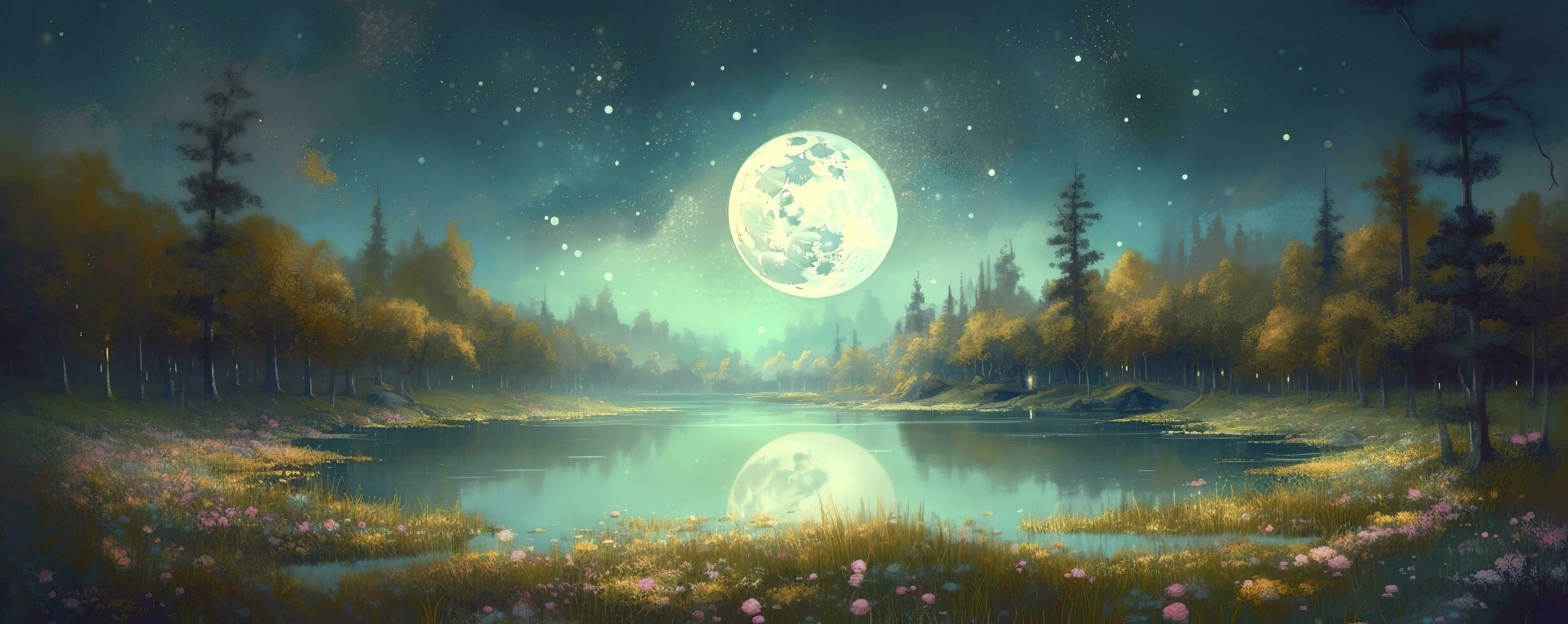 night landscape environment harvest moon over a glittering lake lush vegetation birchwood trees, flowers, magical galaxy. 3d drawing digital art, generate ai photo