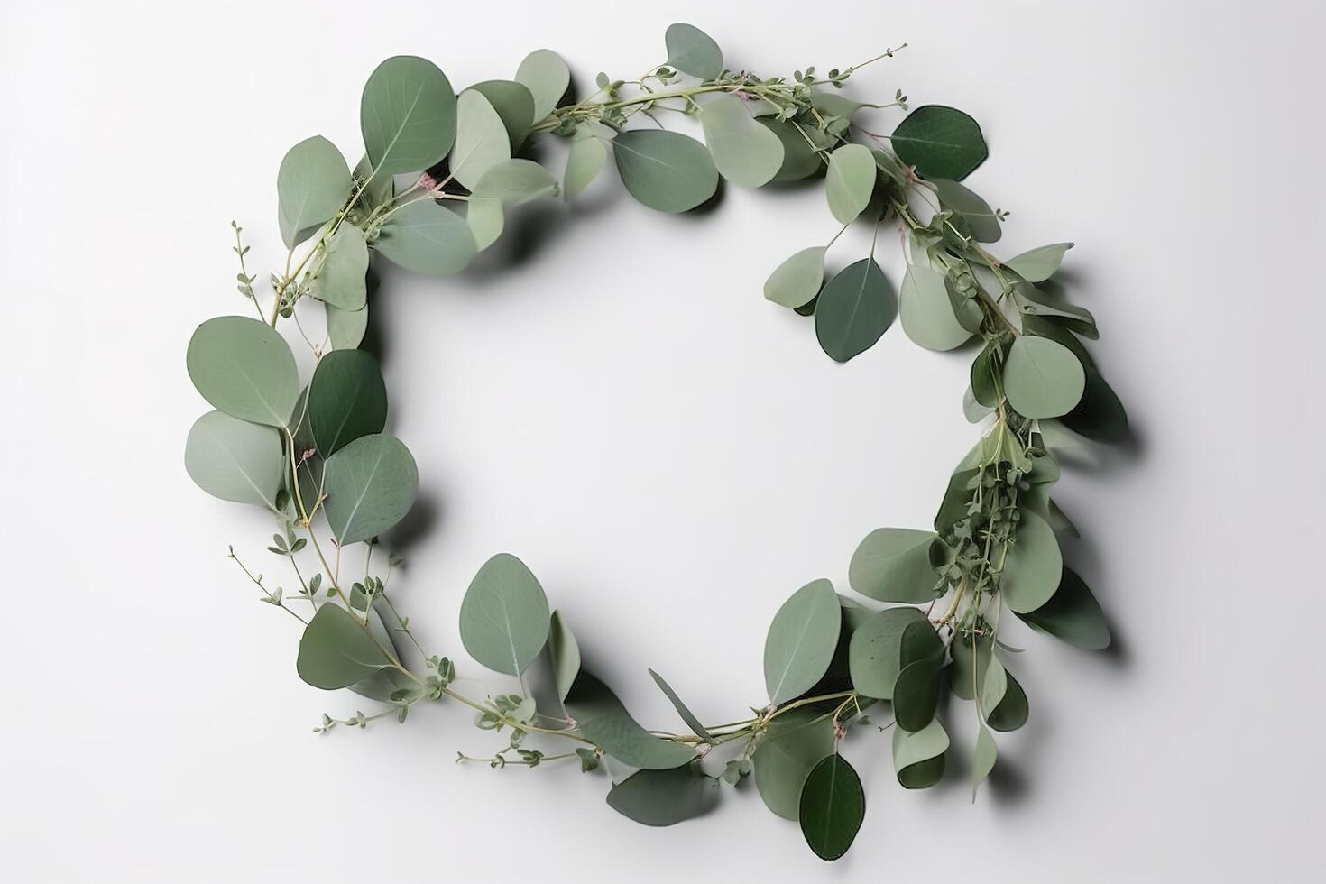 Wreath made of eucalyptus branches. Green floral frame made of eucalyptus leaves. Decorative wreath isolated on white. Minimal natural composition, botanical design, flat lay, top view. photo