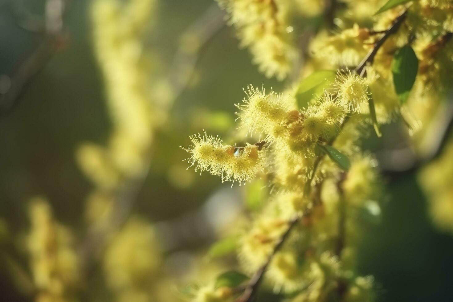 Closeup of yellow hazel catkin growing from dry tree branches or stems in home garden at sunset group of hanging budding , generate ai photo