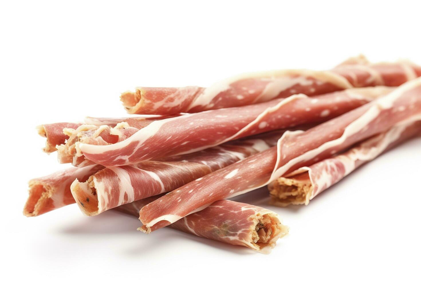 sabroso italiano Grissini con rebanadas de jamon en blanco fondo, generar ai foto