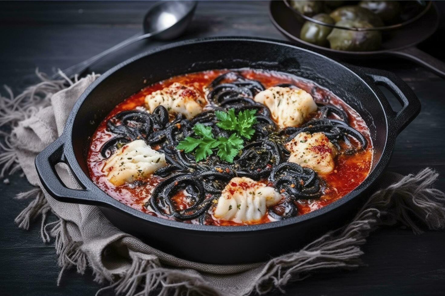 Traditional Italian spaghetti al nero di seppia with squid ink in tomato sauce served as close-up in a cast-iron pan on a wooden board, generate ai photo