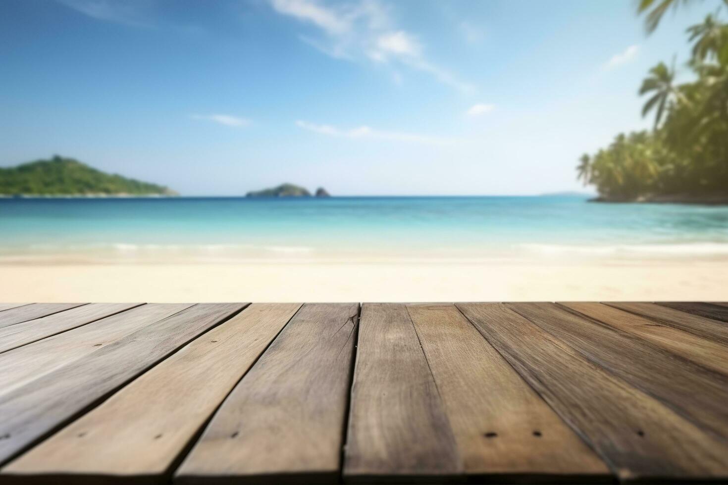 Empty wooden table on a beautiful blured tropical beach background. Summer holiday background for product display, generate ai photo