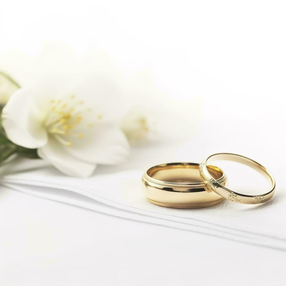Wedding rings on wedding card on a white background, border design panoramic banner., generat ai photo