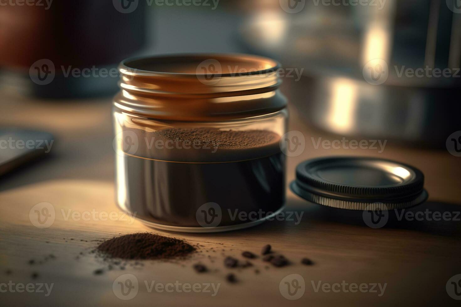 Delicious and aromatic instant specialty coffee in a glass jar on a dark background. photo