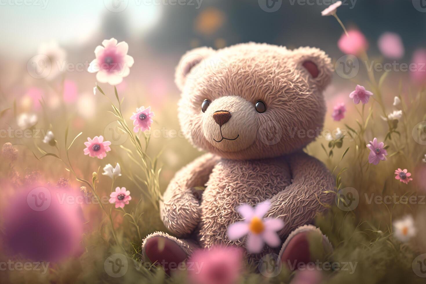 Teddy bear sits on a flower meadow. photo