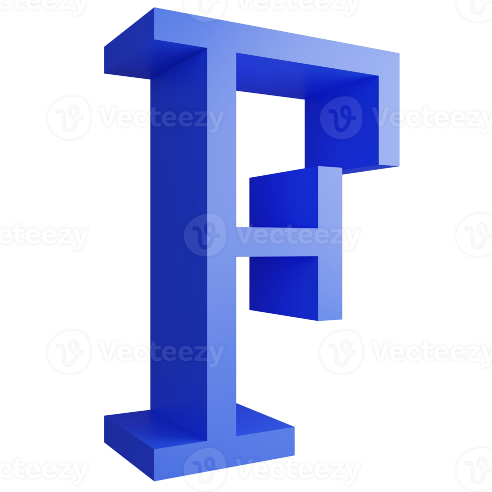 Alphabet F side view icon isolated on transparent background, 3D render blue big letters text element clipping path png