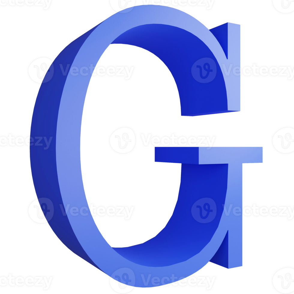 Alphabet G side view icon isolated on transparent background, 3D render blue big letters text element clipping path png