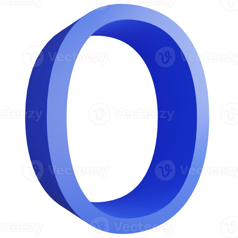 Alphabet O side view icon isolated on transparent background, 3D render blue big letters text element clipping path png