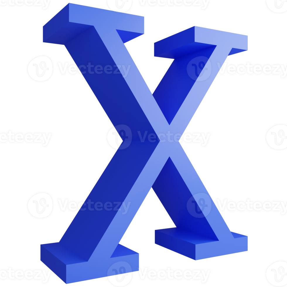 Alphabet X side view icon isolated on transparent background, 3D render blue big letters text element clipping path png
