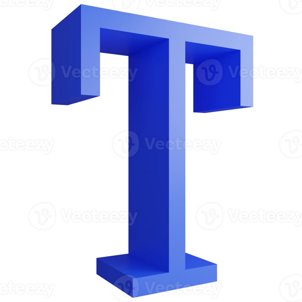 Alphabet T side view icon isolated on transparent background, 3D render blue big letters text element clipping path png