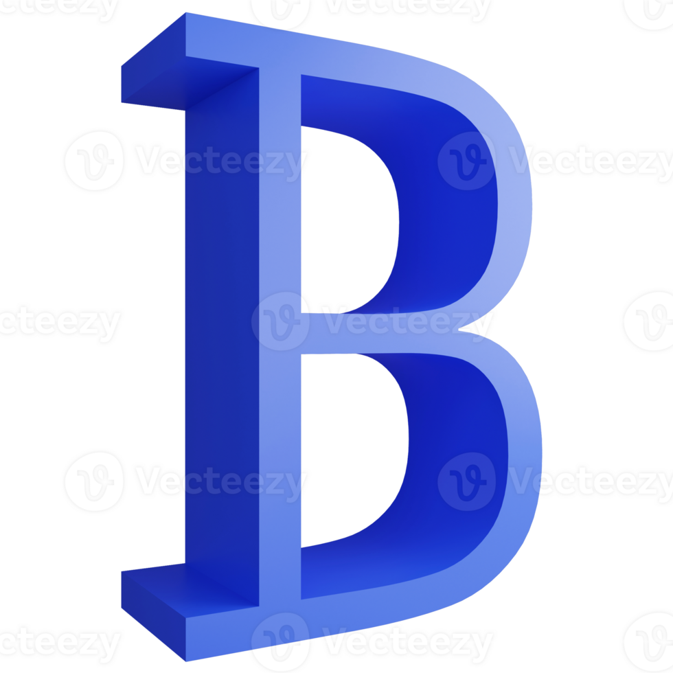 Alphabet B side view icon isolated on transparent background, 3D render blue big letters text element clipping path png