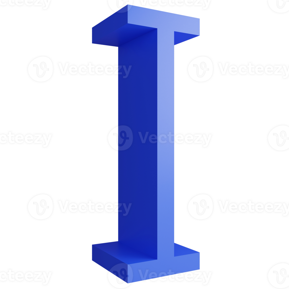 Alphabet I side view icon isolated on transparent background, 3D render blue big letters text element clipping path png