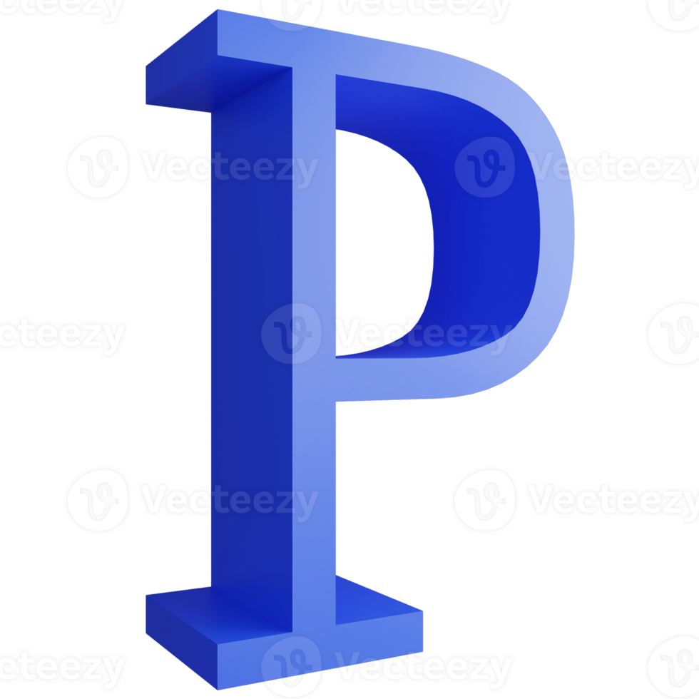 Alphabet P side view icon isolated on transparent background, 3D render blue big letters text element clipping path png