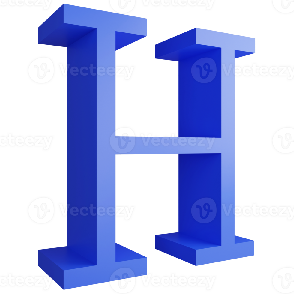Alphabet H side view icon isolated on transparent background, 3D render blue big letters text element clipping path png