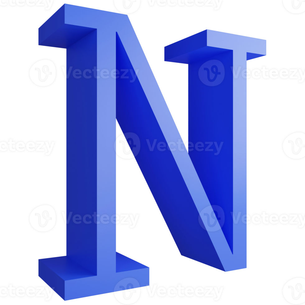 Alphabet N side view icon isolated on transparent background, 3D render blue big letters text element clipping path png