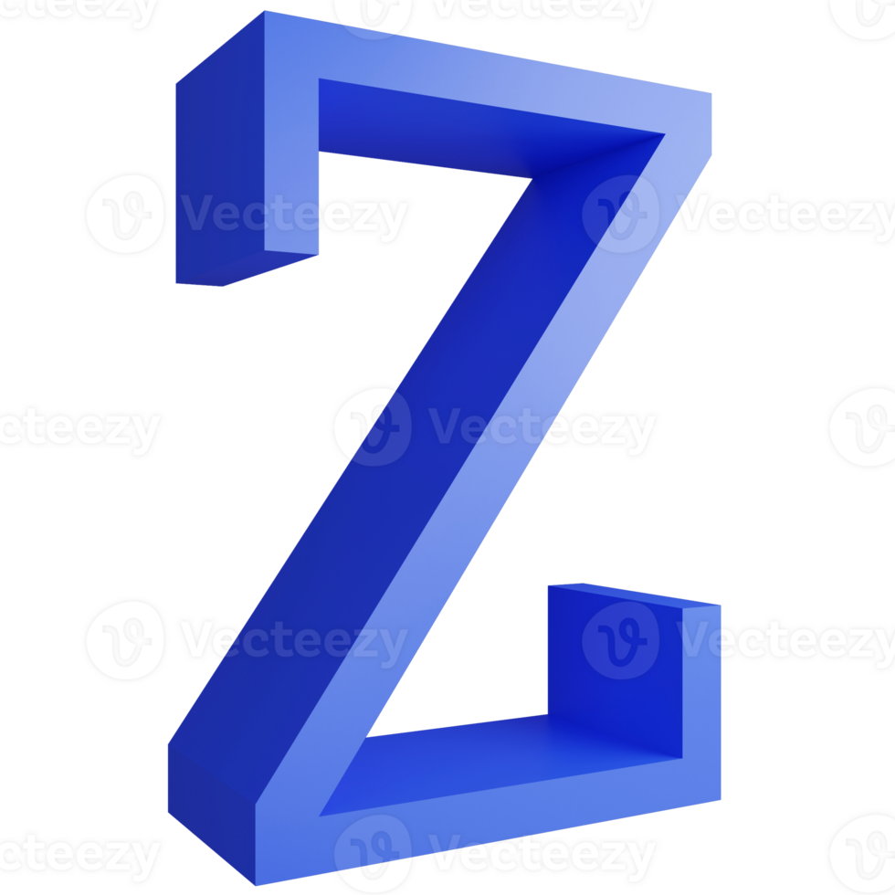 Alphabet Z side view icon isolated on transparent background, 3D render blue big letters text element clipping path png