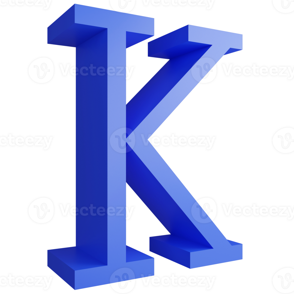 Alphabet K side view icon isolated on transparent background, 3D render blue big letters text element clipping path png