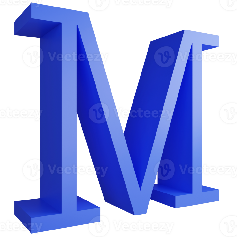 Alphabet M side view icon isolated on transparent background, 3D render blue big letters text element clipping path png