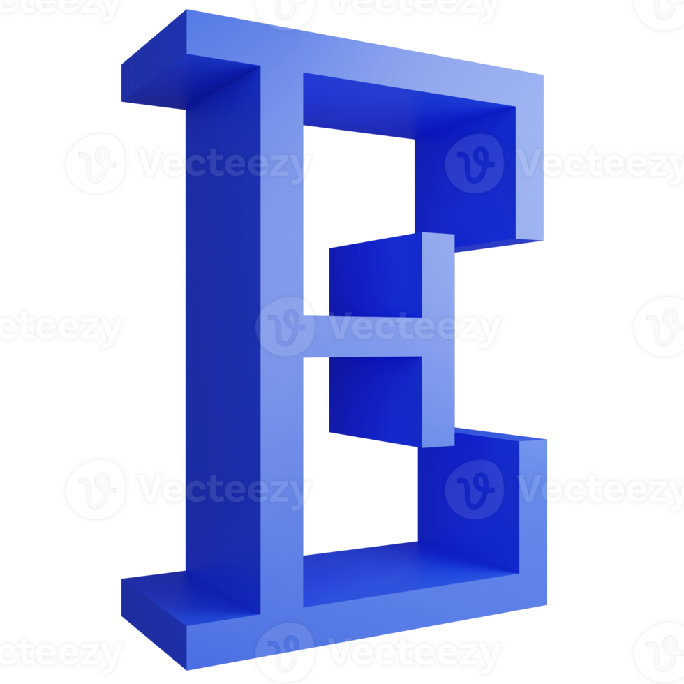 Alphabet E side view icon isolated on transparent background, 3D render blue big letters text element clipping path png