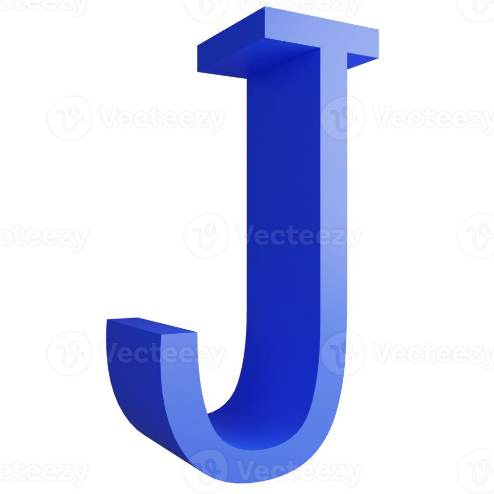Alphabet J side view icon isolated on transparent background, 3D render blue big letters text element clipping path png