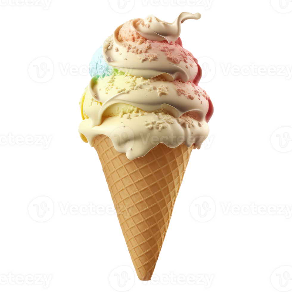 Ice Cream Cone Filled with Vanilla, Chocolate and Strawberry . png