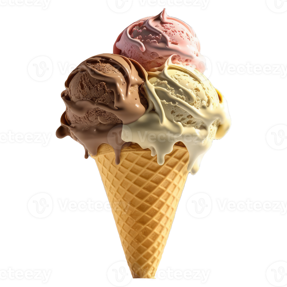 Ice Cream Cone Filled with Vanilla, Chocolate and Strawberry . png