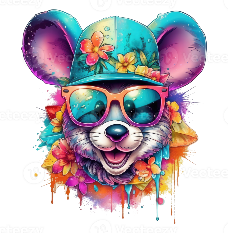 Watercolor funny rat wearing sunglasses . png