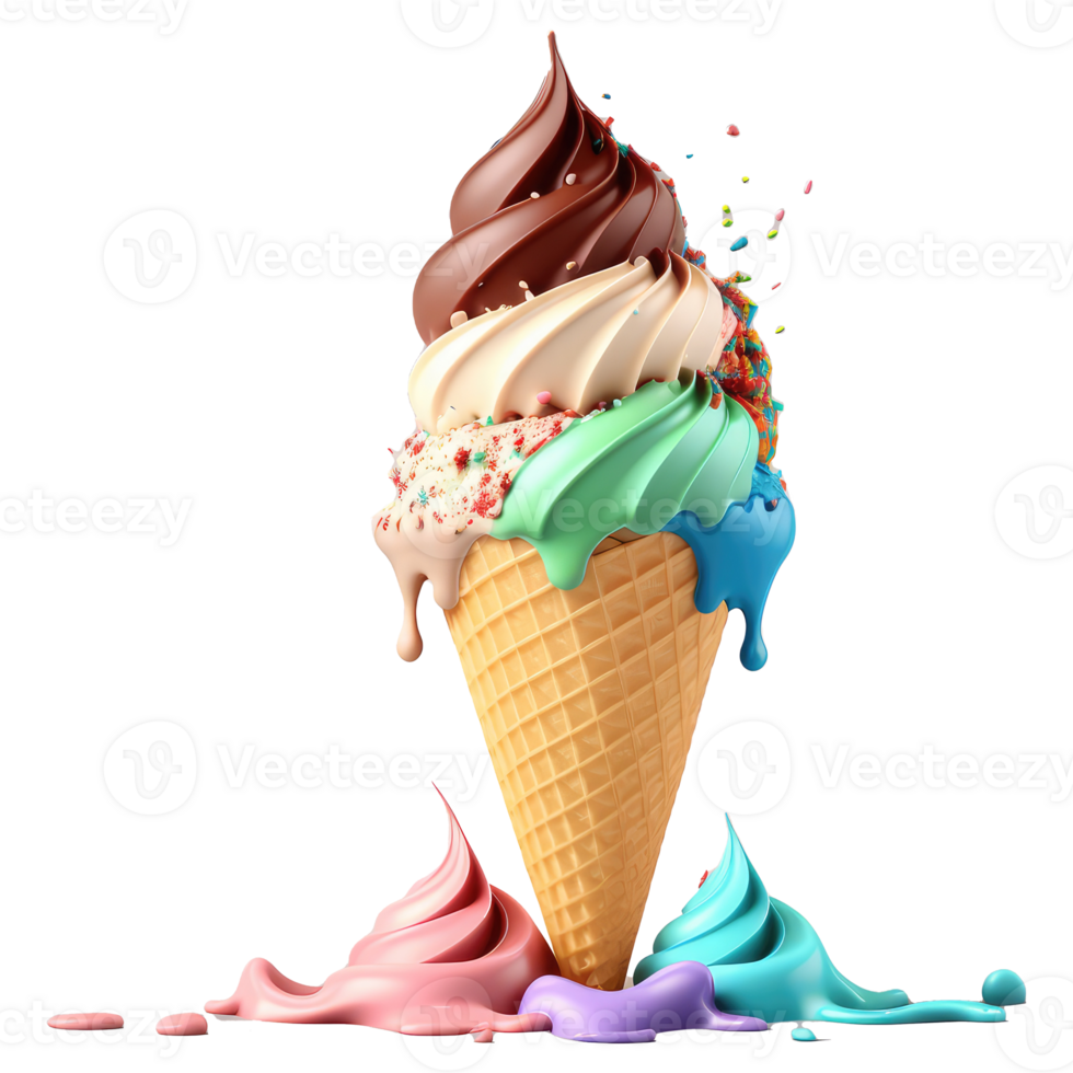 Ice Cream Cone Filled with Vanilla, Chocolate and Strawberry . png