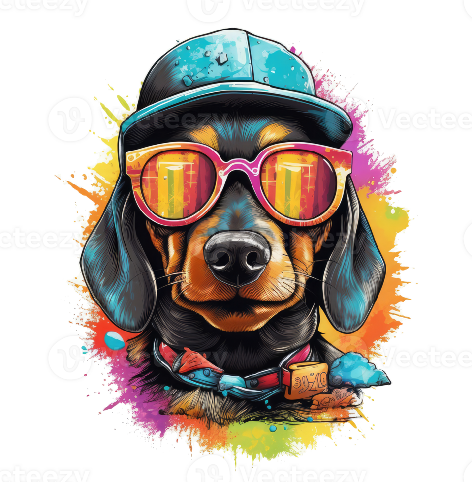 Watercolor funny Dachshund dog wearing sunglasses . png