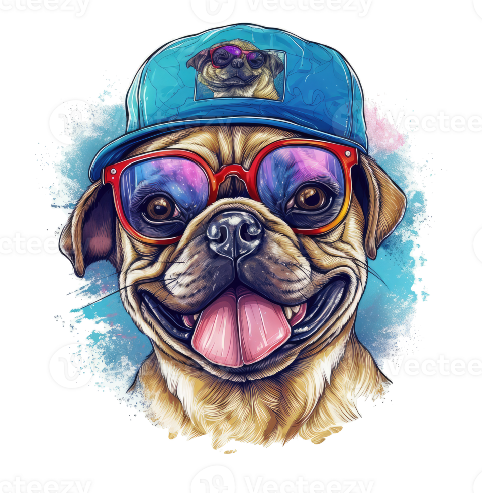 Watercolor funny Pug dog wearing sunglasses . png