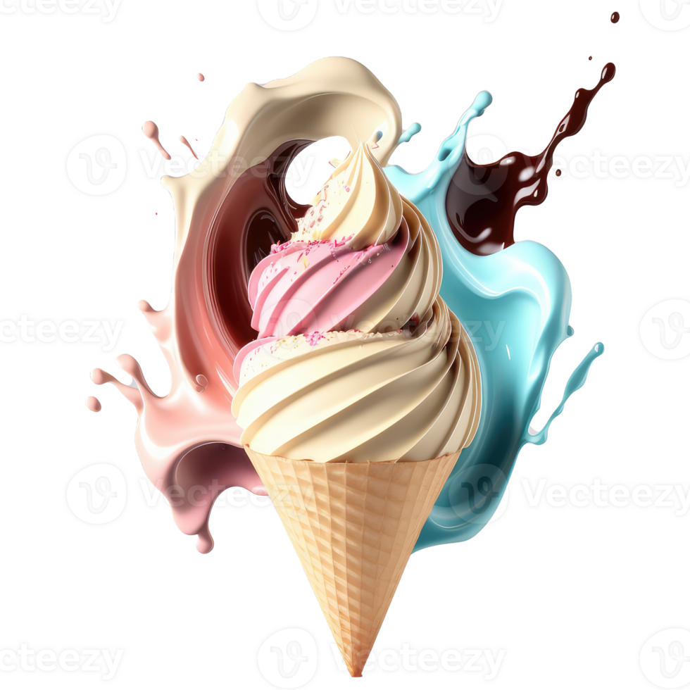 Ice Cream Cone Filled with Vanilla, Chocolate and Strawberry . png