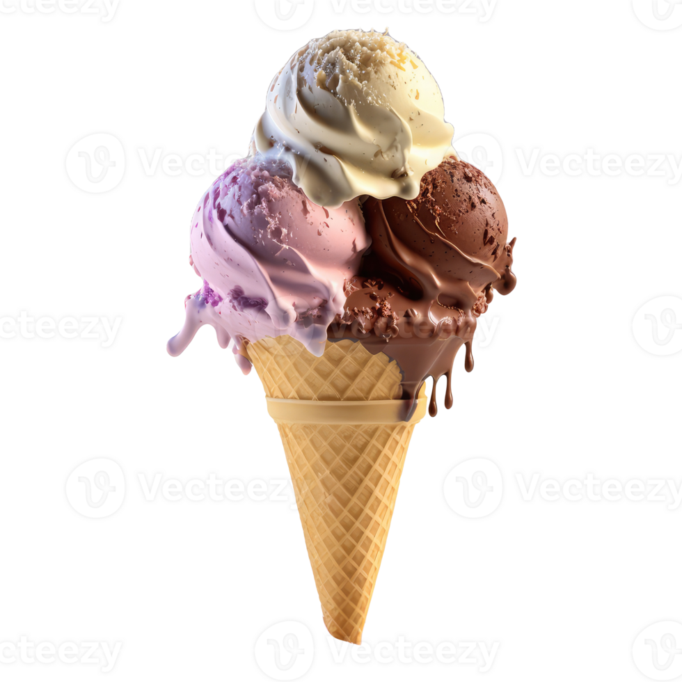Ice Cream Cone Filled with Vanilla, Chocolate and Strawberry . png
