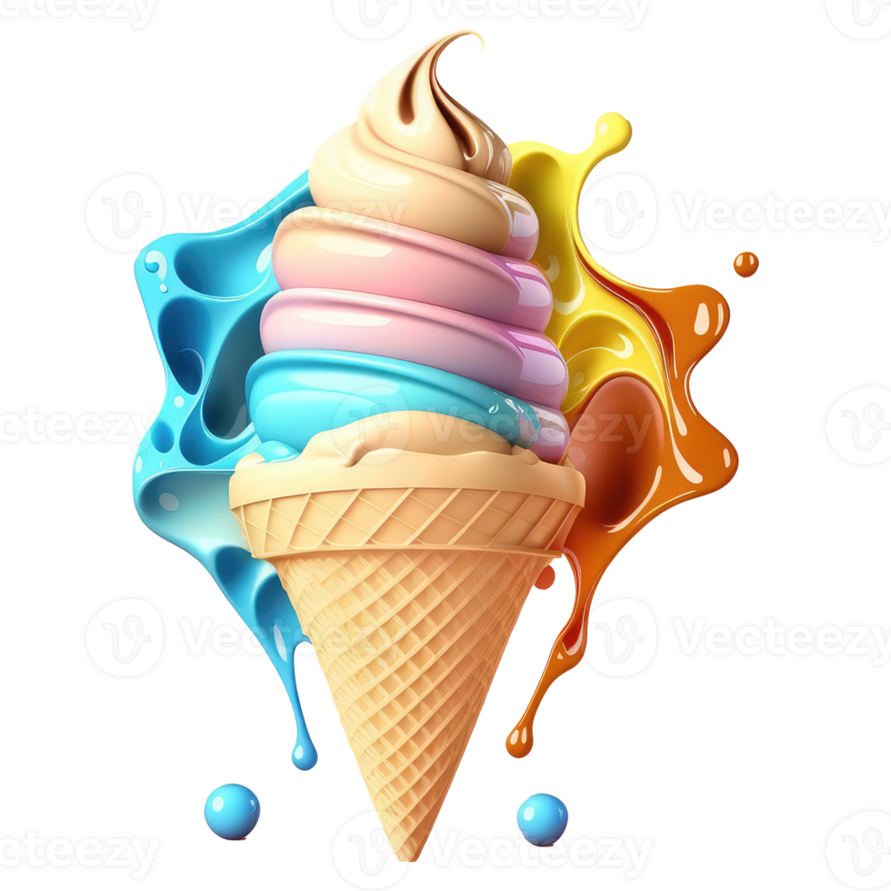 Ice Cream Cone Filled with Vanilla, Chocolate and Strawberry . png