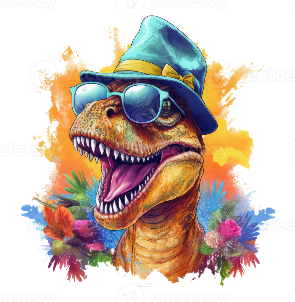 Watercolor funny t-rex wearing sunglasses . png