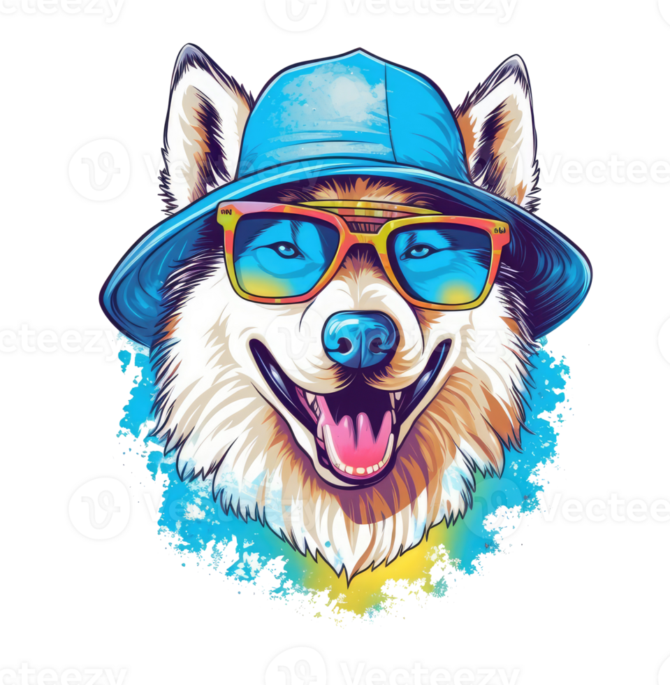 Watercolor funny Siberian Husky dog wearing sunglasses . png