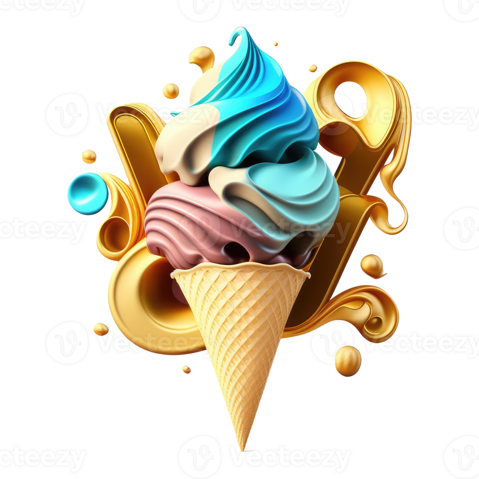 Ice Cream Cone Filled with Vanilla, Chocolate and Strawberry . png