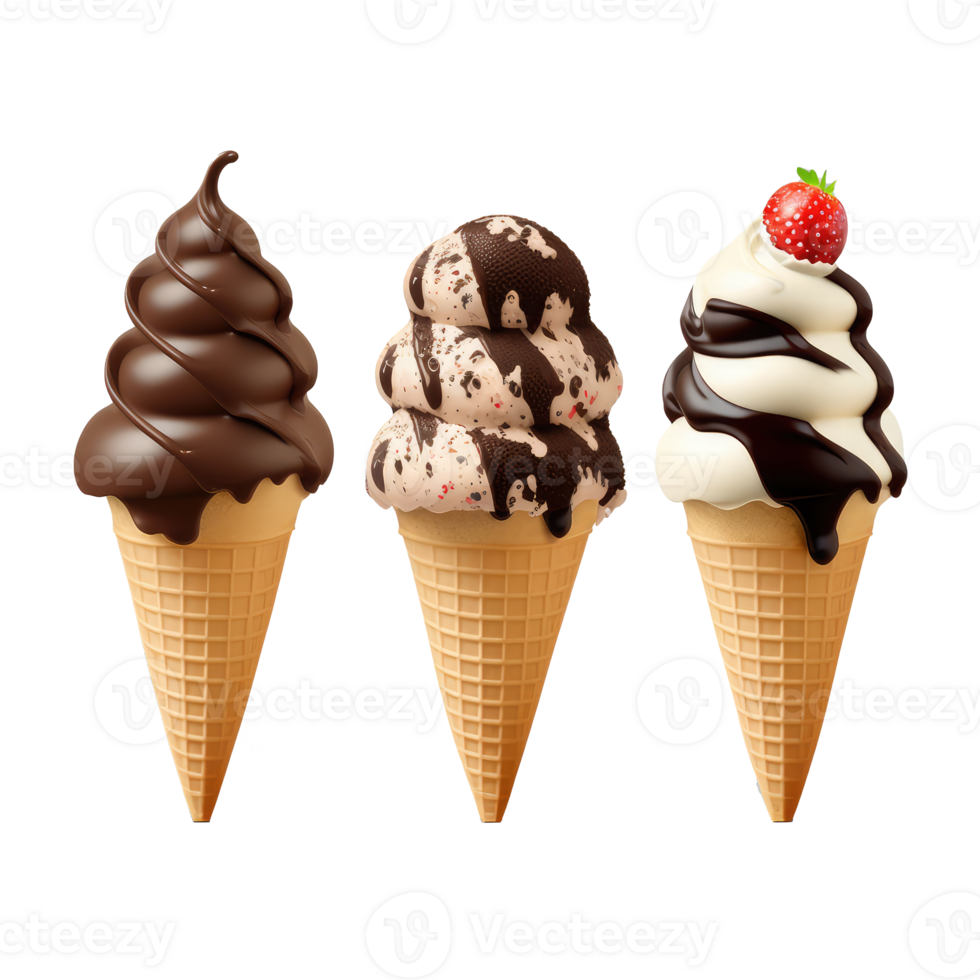 Ice Cream Cone Filled with Vanilla, Chocolate and Strawberry . png