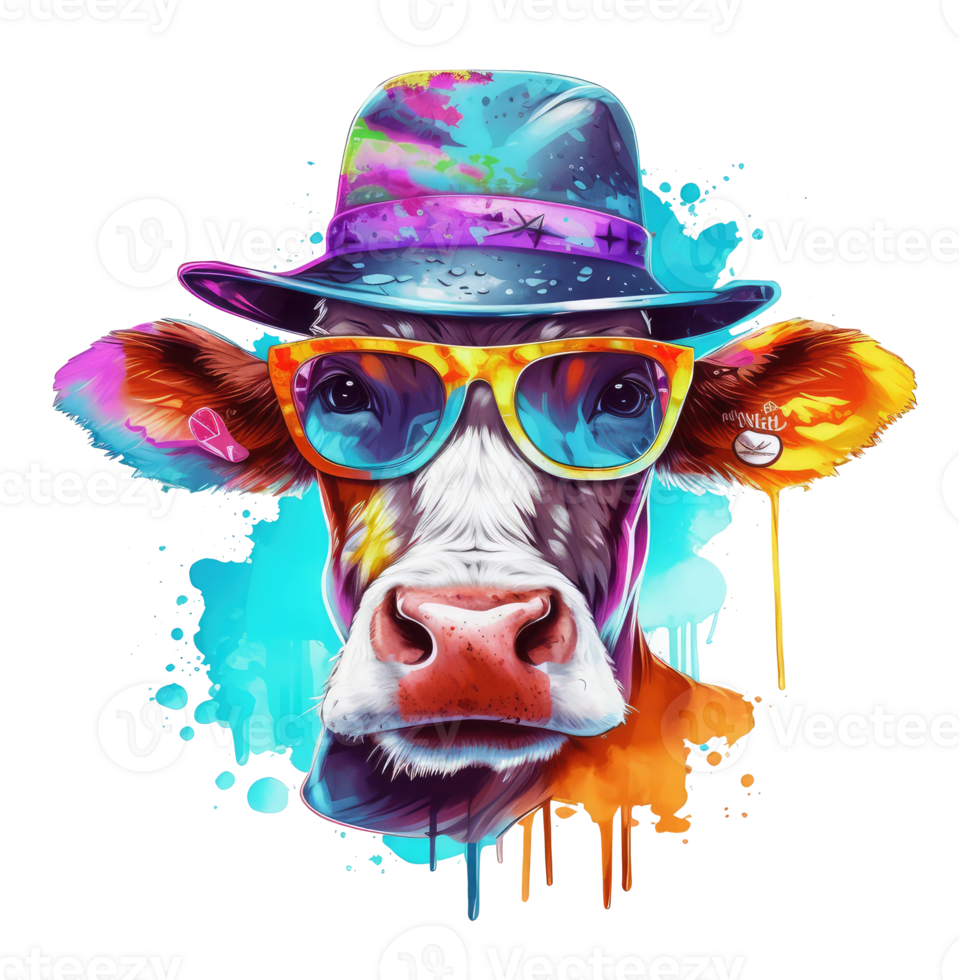 aquarelle marrant vache portant des lunettes de soleil . ai généré png