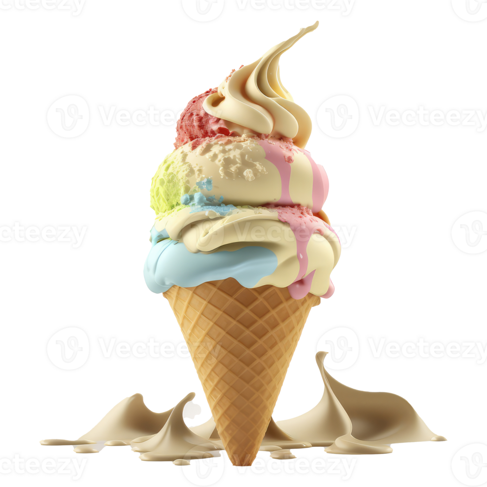 Ice Cream Cone Filled with Vanilla, Chocolate and Strawberry . png