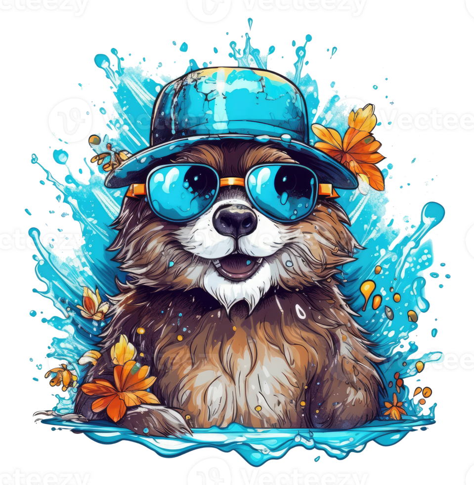 Watercolor funny otter wearing sunglasses . png