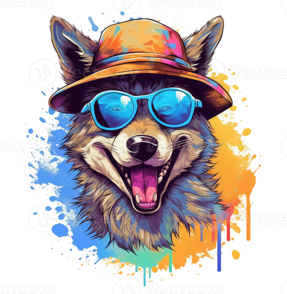 Watercolor funny wolf wearing sunglasses . png