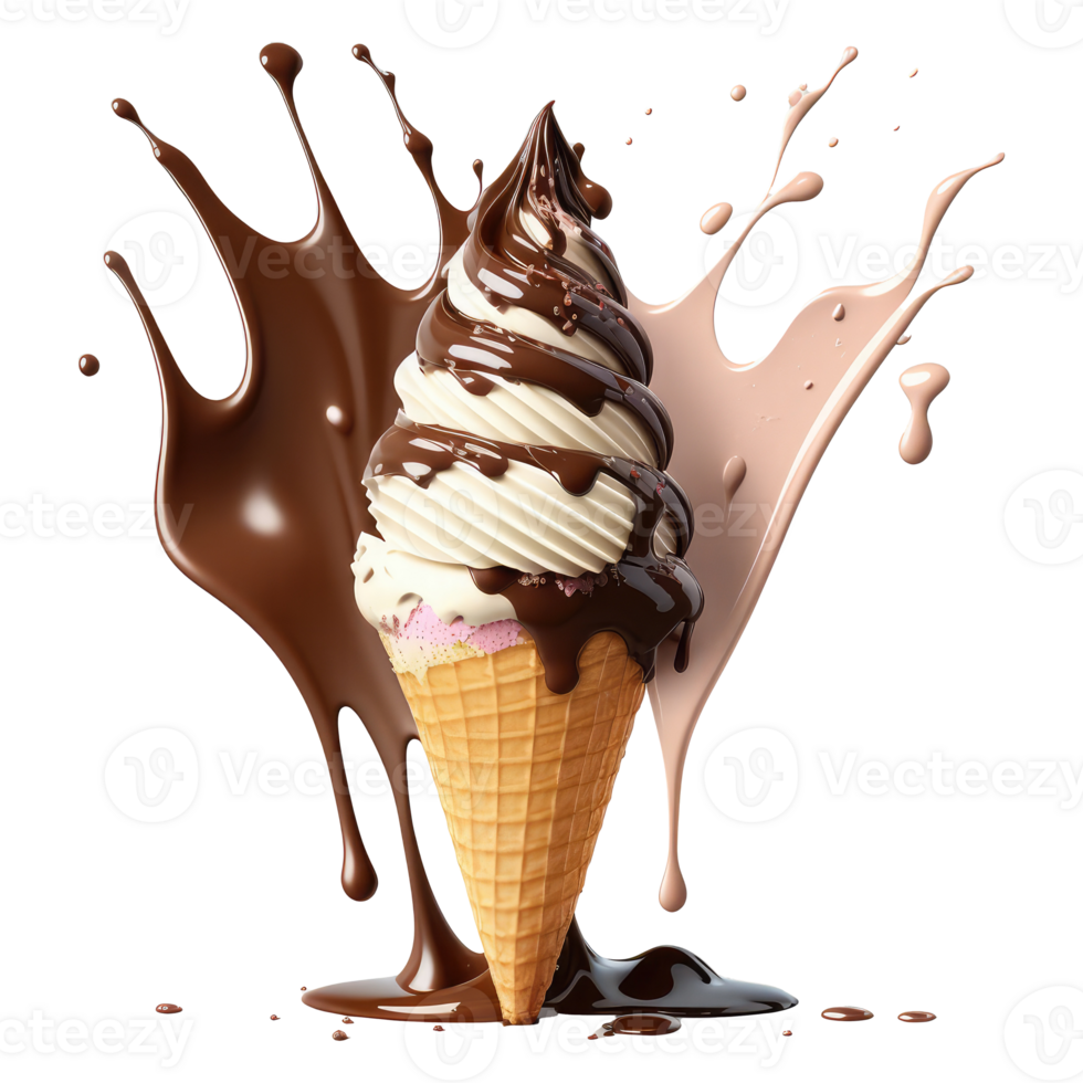 hielo crema cono lleno con vainilla, chocolate y fresa . ai generado png